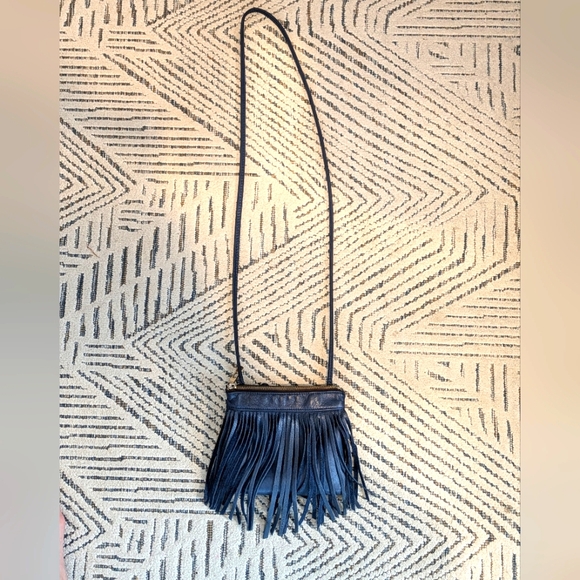 Navy Blue Leather Fringed Mini Crossbody Purse - Red Lining - Made in USA - Picture 1 of 4